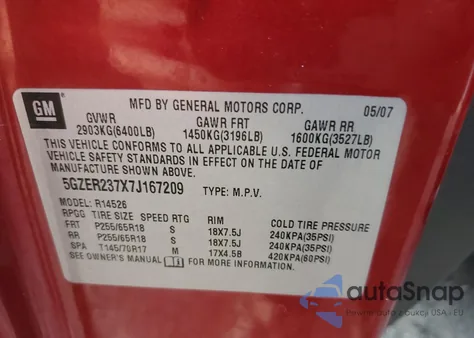 2007 Saturn Outlook Xr from USA, damaged, VIN 5GZER237X7J167209